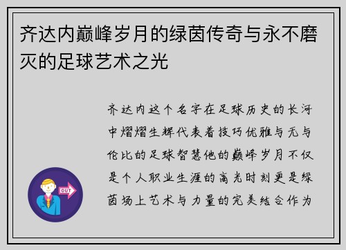 齐达内巅峰岁月的绿茵传奇与永不磨灭的足球艺术之光